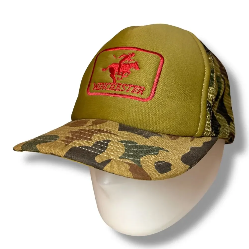 Vtg 80s WINCHESTER Camouflage Trucker Hat Embroidered Green Mesh Snapback Cap